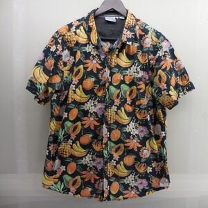 Ron Jon Surf Shop Mens XL Tropical Fruit Floral Button Down Shirt Cotton Black